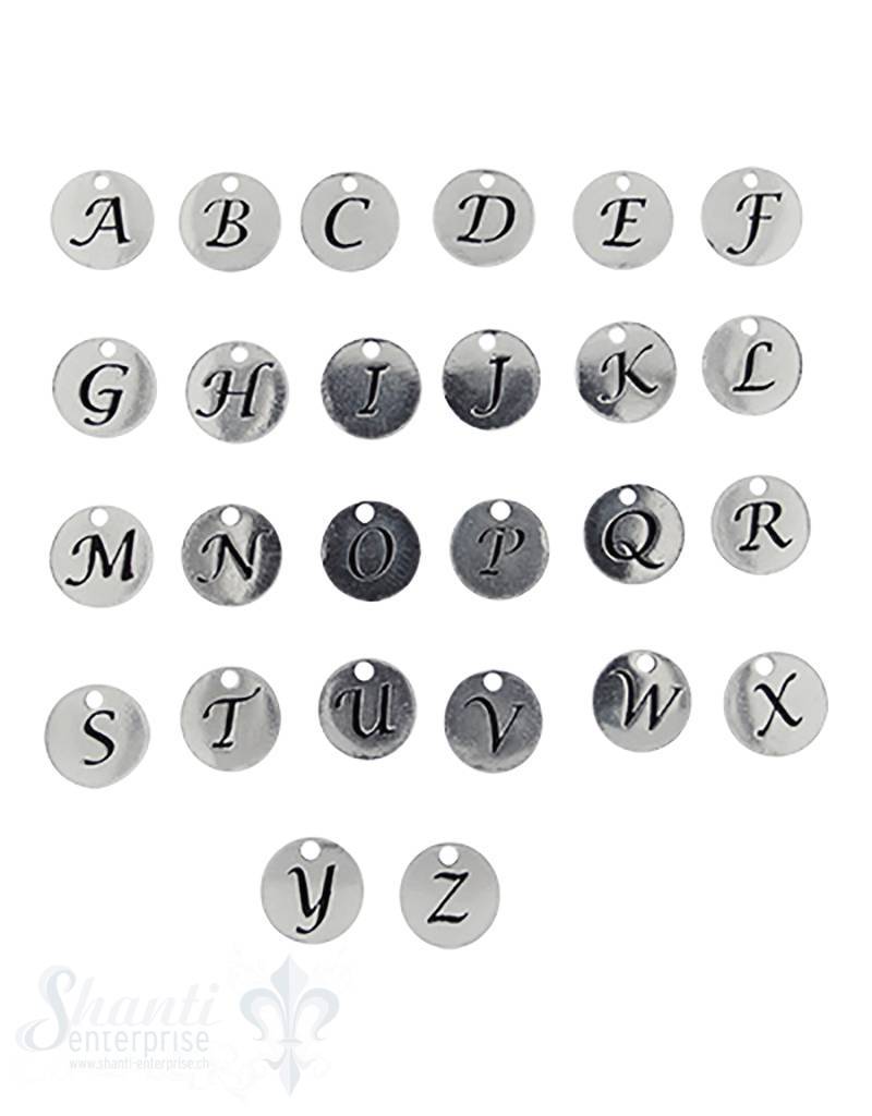 Buchstaben Plaquette 10 mm 1.2 mm breit Loch ID 1,2 mm poliert Schrift geschwärzt Silber 925 - Shanti Enterprise AG