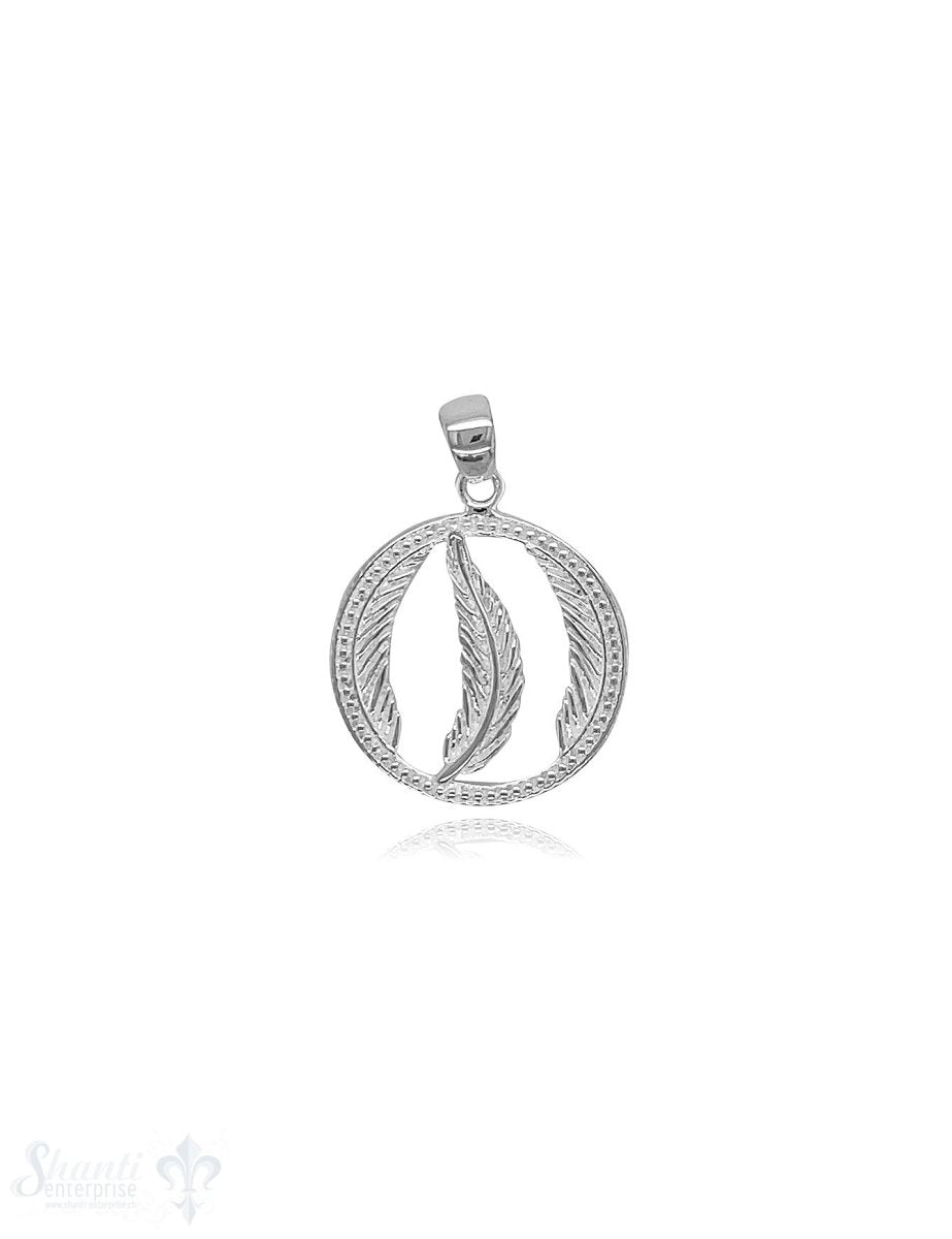Feder Amulett 18 mm Silber hell verziert offen in der Mitte Feder und je 1/2 Feder seitlich mit Öse - Shanti Enterprise AG