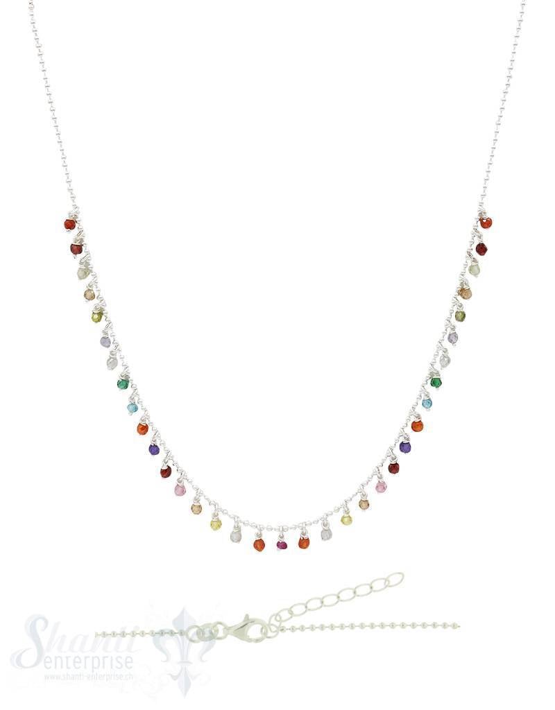 Halskette Si-Kügeli mit vielen Anh. Regenbogen, Zirkon gefärbt fein Grössen verstellbar 42-45 cm - Shanti Enterprise AG