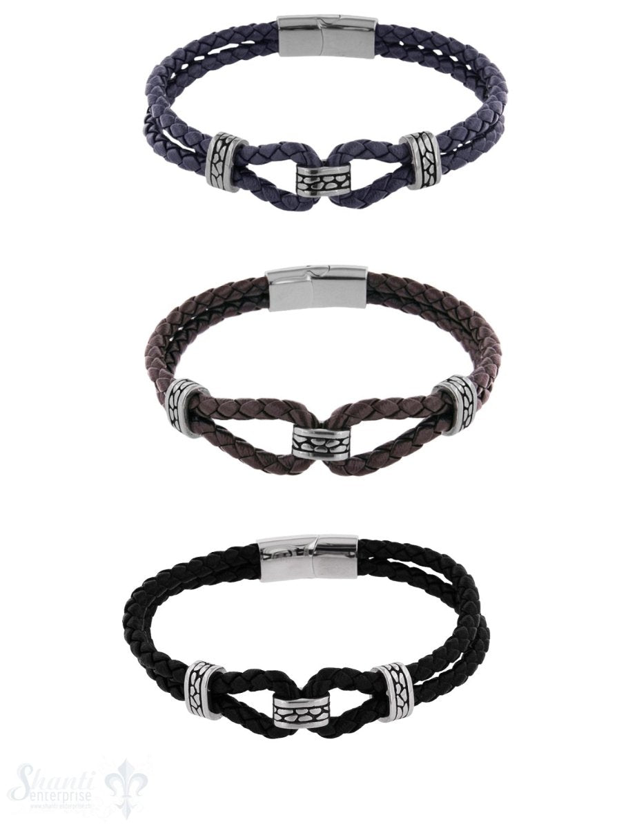 Herren Armschmuck Stahl Leder doppelreihig 21cm Stahlelemente Spez. Magnetschloss flach - Shanti Enterprise AG