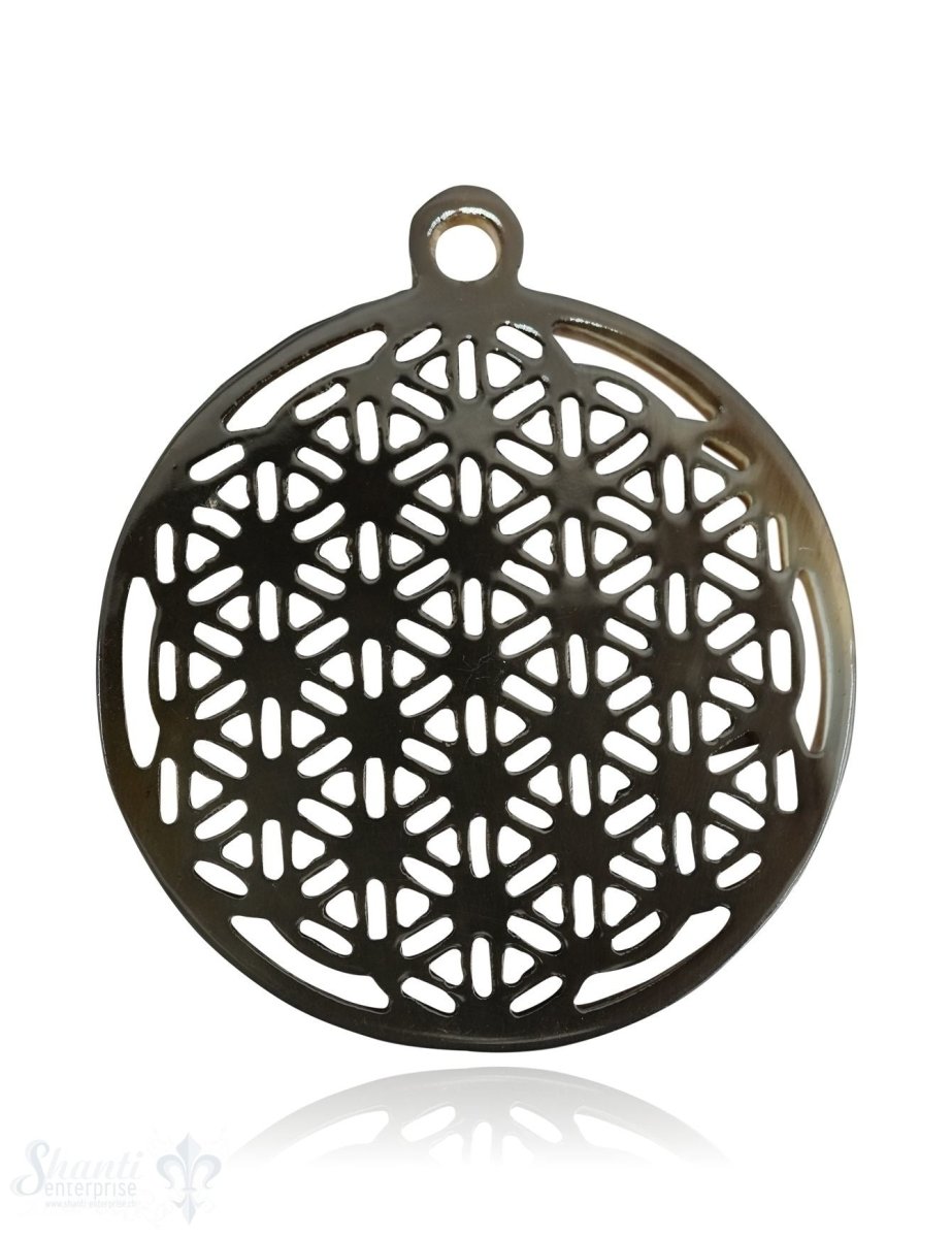 Horn Anhänger Amulett Blume des Lebens Ø 50 mm durchbrochen mit Loch Farbabweichungen sind möglich - Shanti Enterprise AG