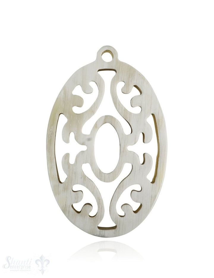 Horn Anhänger Amulett Blume oval 60 mm x 38 mm durchbrochen mit Loch Farbabweichungen sind möglich - Shanti Enterprise AG