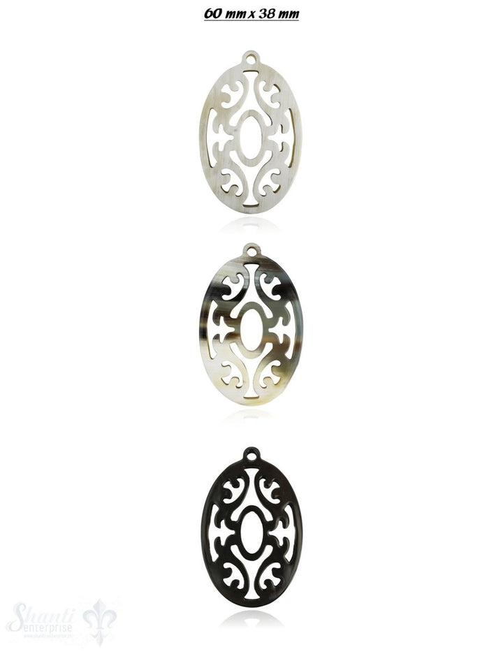 Horn Anhänger Amulett Blume oval 60 mm x 38 mm durchbrochen mit Loch Farbabweichungen sind möglich - Shanti Enterprise AG