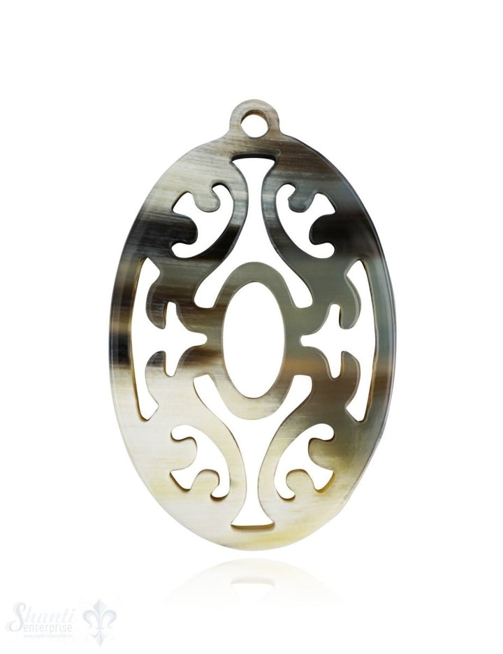 Horn Anhänger Amulett Blume oval 60 mm x 38 mm durchbrochen mit Loch Farbabweichungen sind möglich - Shanti Enterprise AG