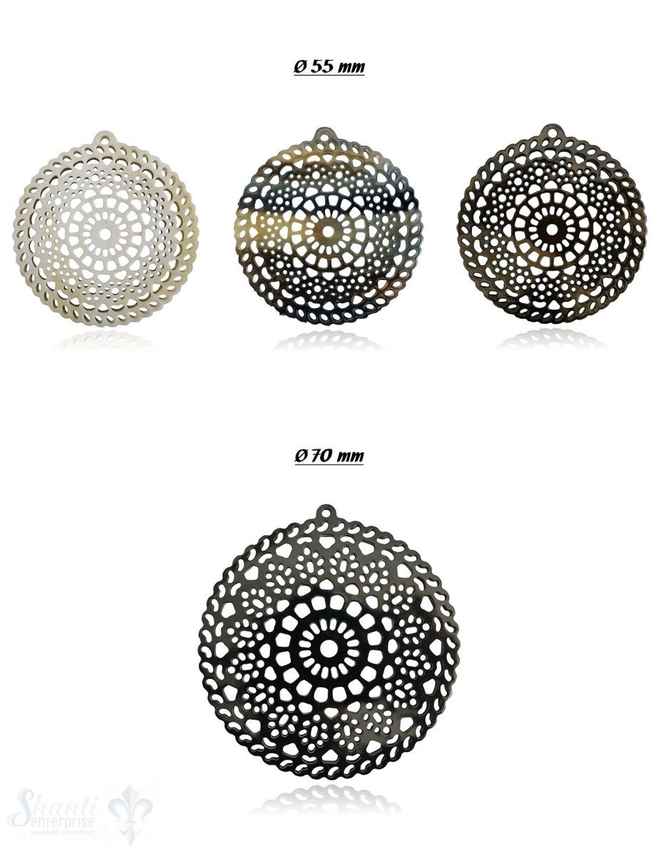 Horn Anhänger Amulett Mandala filigran Ø 55 mm ,durchbrochen mit Loch Farbabweichungen sind möglich - Shanti Enterprise AG