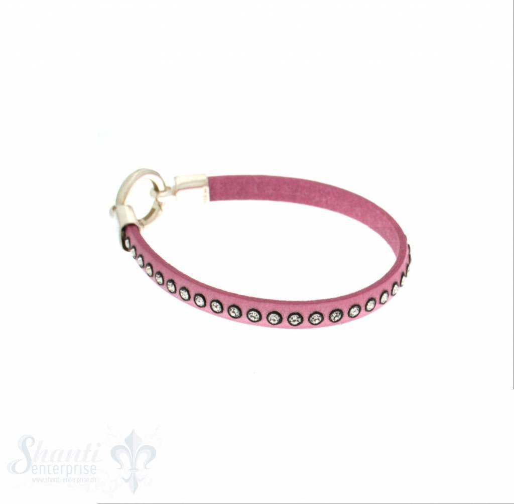Lederarmband mit Swarovski besetzt, flach, pink B: 6,2 mm, L: 18 cm Klickschloss - Shanti Enterprise AG
