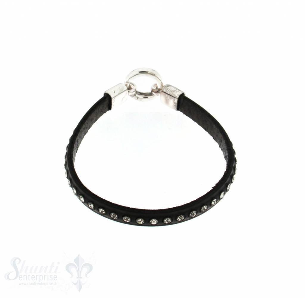 Lederarmband mit Swarovski besetzt, flach, schwarz B: 6,2 mm, L: 18 cm Klickschloss - Shanti Enterprise AG