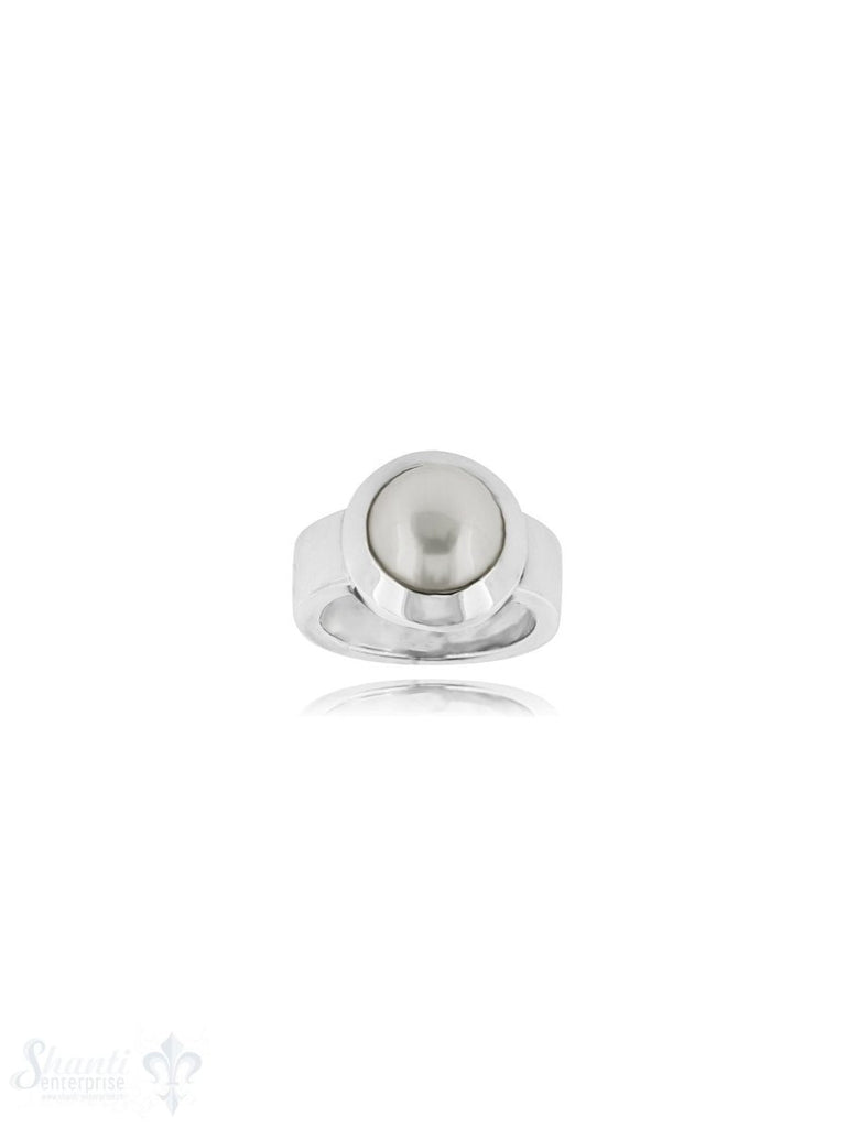 Perlen weiss Silberring 10 mm bombiert Fassung konisch Schiene 7 mm breit flach massiv Silber 925 poliert - Shanti Enterprise AG