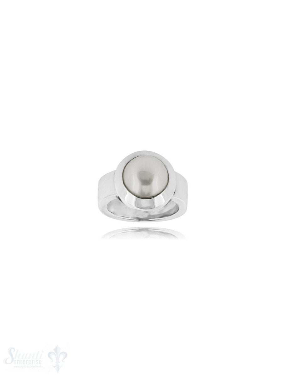 Perlen weiss Silberring 10 mm bombiert Fassung konisch Schiene 7 mm breit flach massiv Silber 925 poliert - Shanti Enterprise AG