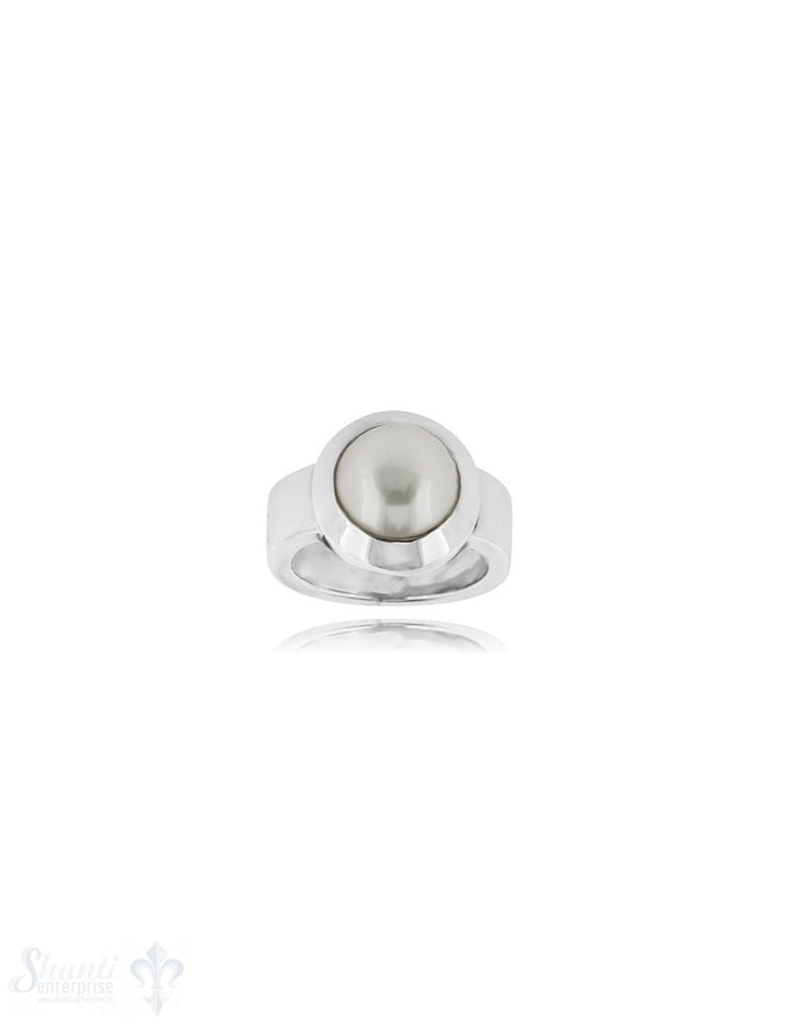 Perlen weiss Silberring 10 mm bombiert Fassung konisch Schiene 7 mm breit flach massiv Silber 925 poliert - Shanti Enterprise AG