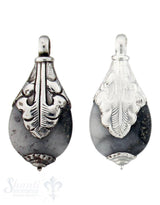 Silber-Anhänger:Tropfen klein, Blatt in Spitz, Kappe unten 41x20 mm Granit geschwärzt