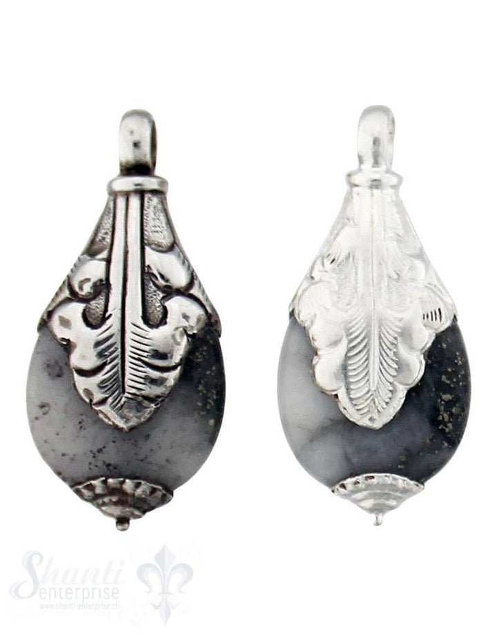 Silber-Anhänger:Tropfen klein, Blatt in Spitz, Kappe unten 41x20 mm Granit geschwärzt - Shanti Enterprise AG