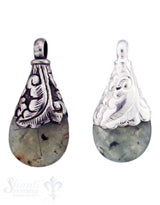 Silber-Anhänger:Tropfen klein, flach, Serpentin m. Hornblende, Farnblatt gebogen, 40x18 mm