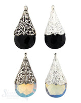 Silber-Anhänger:Tropfen mit Opalinaglas, Blumen- rankenfassung, 56x28 mm