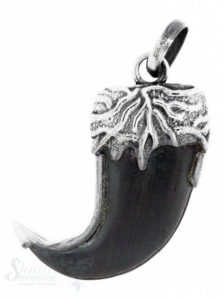 Silberanhänger: Holzzahn mit Si-Fassung mit Maserrung geschwärzt, 40x23 mm - Shanti Enterprise AG