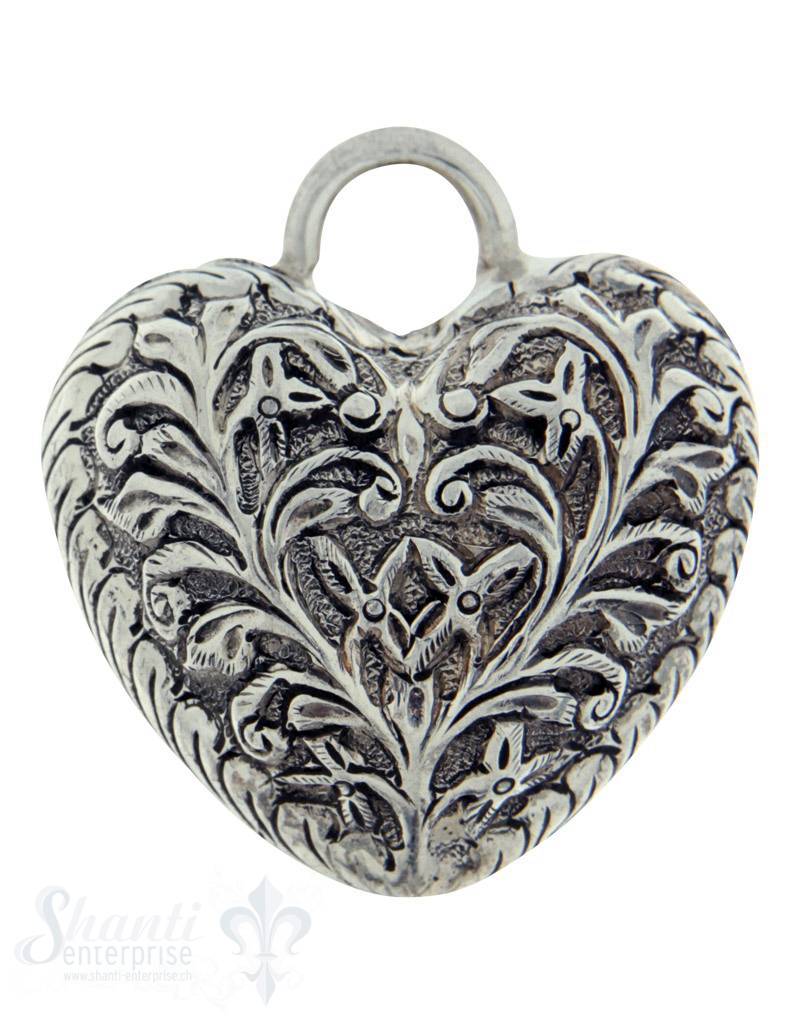 Silberherz bauchig antik mit Blumen 37x33mm Dicke: 18mm mit Öse - Shanti Enterprise AG