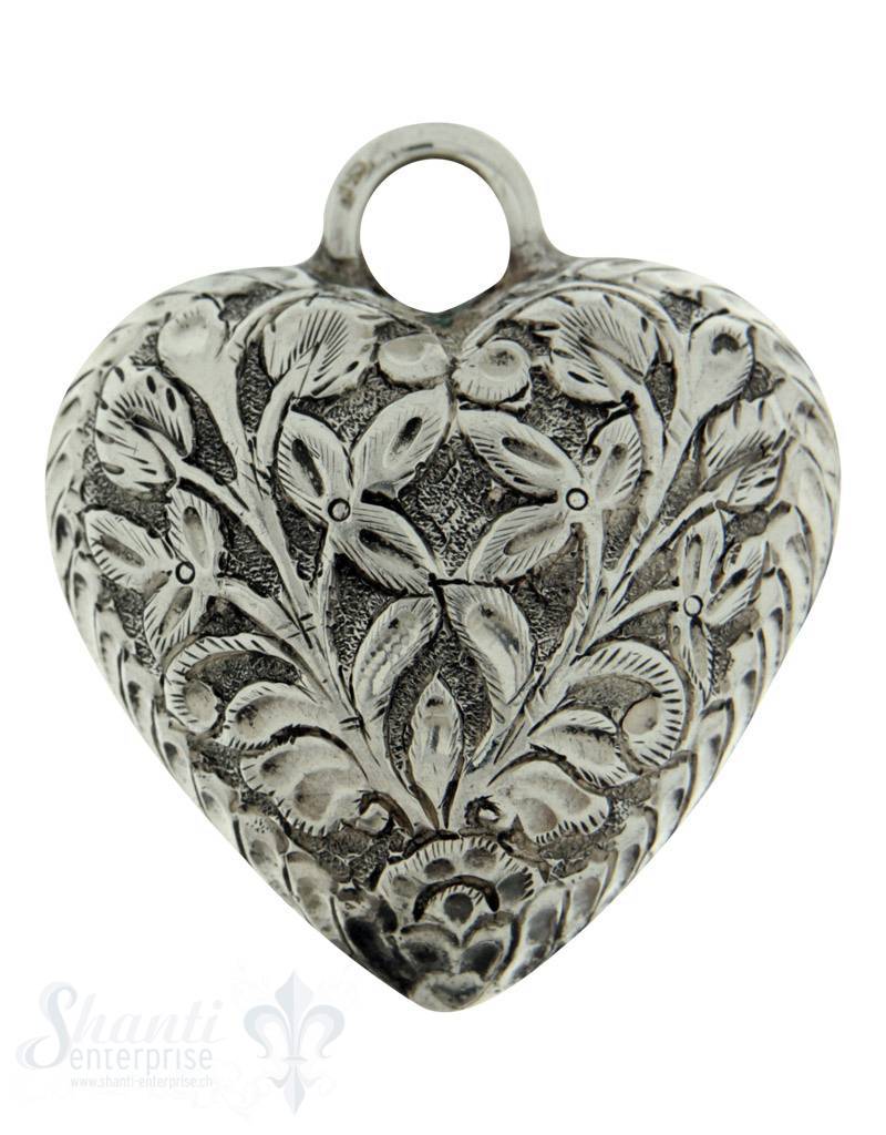 Silberherz bauchig antik mit Blumen 44x38mm Dicke: 21mm mit Öse - Shanti Enterprise AG