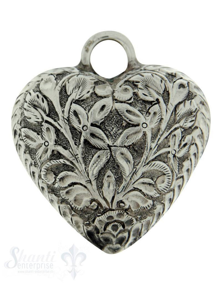 Silberherz bauchig antik mit Blumen 44x38mm Dicke: 21mm mit Öse - Shanti Enterprise AG