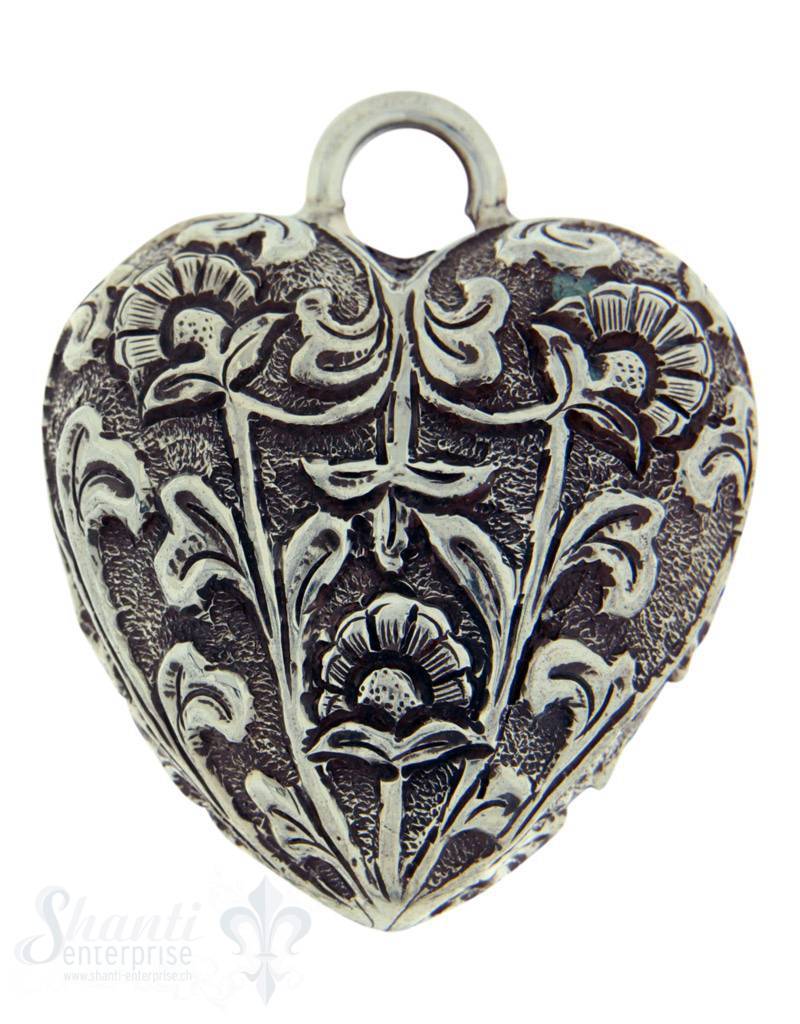 Silberherz bauchig antik mit Blumen 48x41mm Dicke: 20mm mit Öse - Shanti Enterprise AG