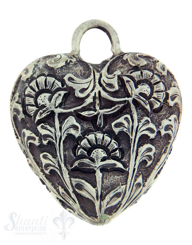 Silberherz bauchig antik mit Blumen 50x42mm Dicke: 20mm mit Öse - Shanti Enterprise AG