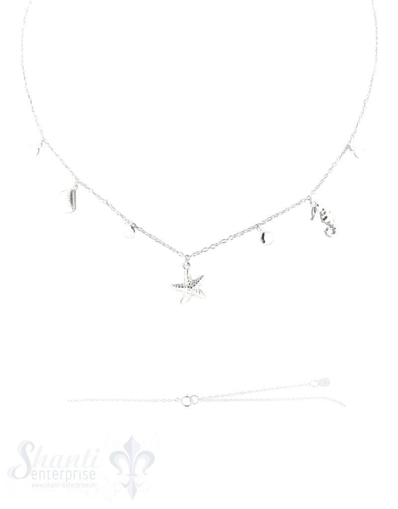 Silberkette Anker mit Meerestieren 40-45 cm Grössen verstellbar (Seestern,Muschel,Seepferd) Federrin - Shanti Enterprise AG