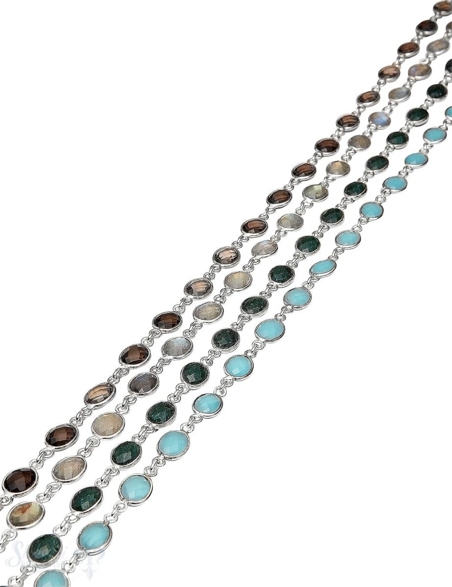 Silberkette mit Stein facett. 9x7 mm oval gefasst Abschnittlänge wird angepasst Preis per cm - Shanti Enterprise AG