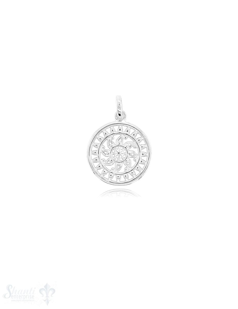 Sonnen Amulett 18 mm Silber durchbrochen mit indischem Glücksrad verziert mit Öse - Shanti Enterprise AG