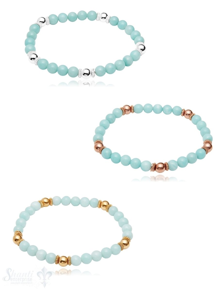 Steinarmband 6 mm mit Silberkugeln und Buttons verziert 18 cm auf Elast - Shanti Enterprise AG