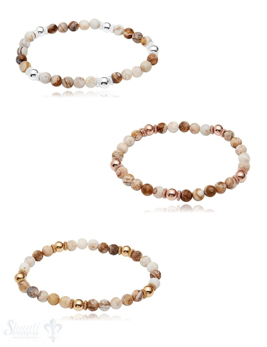 Steinarmband 6 mm mit Silberkugeln und Buttons verziert 18 cm auf Elast - Shanti Enterprise AG