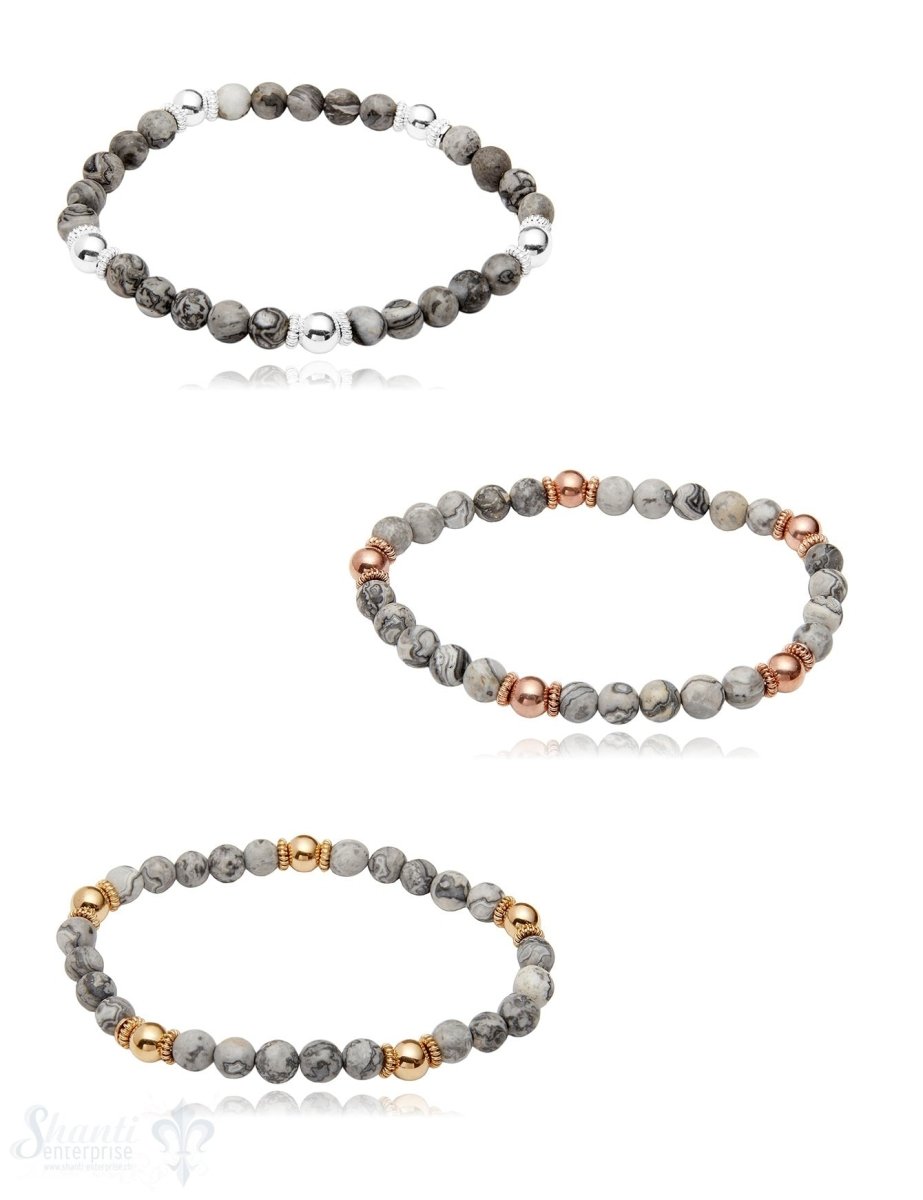 Steinarmband 6 mm mit Silberkugeln und Buttons verziert 18 cm auf Elast - Shanti Enterprise AG