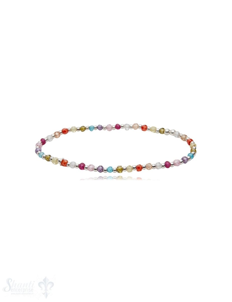 Zirkon multicolor Armband mit Silber auf Elast 3 mm breit Zikron gefärbt - Shanti Enterprise AG