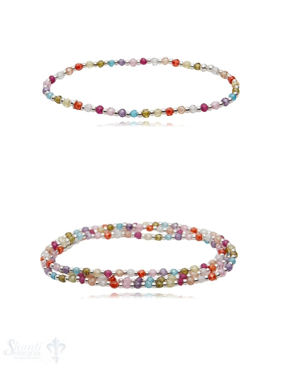 Zirkon multicolor Armband mit Silber auf Elast 3 mm breit Zikron gefärbt - Shanti Enterprise AG