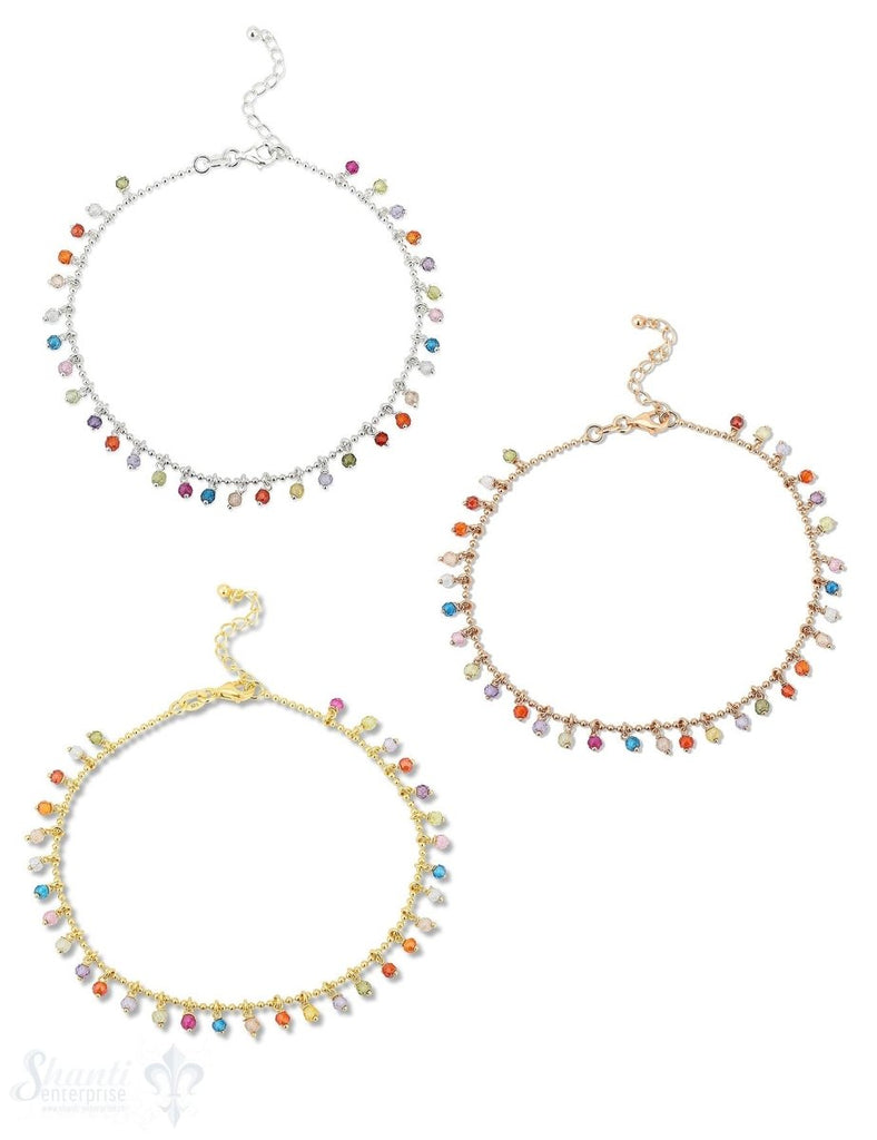 Zirkon multicolor Fusskette Kugel 22-26 cm mit Anhängerli Silber Karabiner ec Grössen verstellbar (Steine gefärbt) - Shanti Enterprise AG