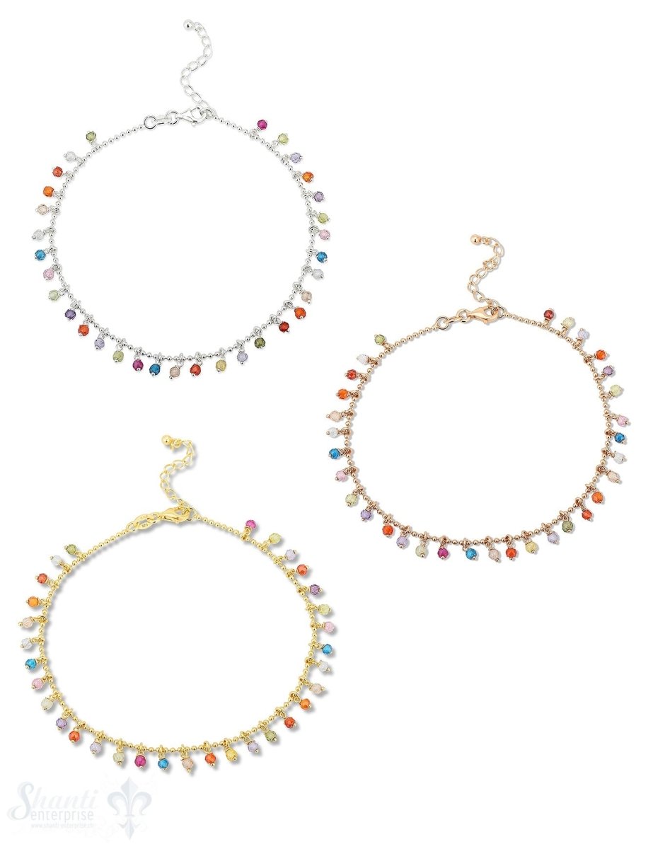 Zirkon multicolor Fusskette Kugel 22-26 cm mit Anhängerli Silber Karabiner ec Grössen verstellbar (Steine gefärbt) - Shanti Enterprise AG